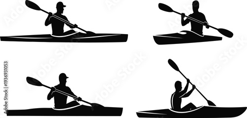 Black Kayak Silhouette Set Featuring Man Paddling Kayak in Water Isolated on White Background for Outdoor Adventure and Summer Sports Designs