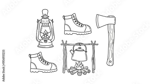 Camping Gear Set: Boots, Lantern, Axe, Kettle and Campfire Illustration