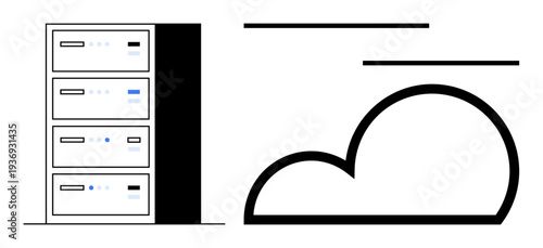 Data storage, cloud computing, digital transformation, technology infrastructure, online services, IT solutions. A server rack next to a cloud symbol. Data storage and cloud computing concept