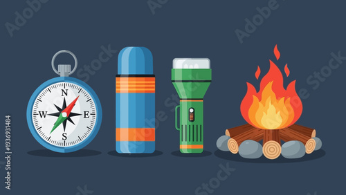 Camping Gear: Compass, Thermos, Flashlight, and Campfire on Dark Blue Background