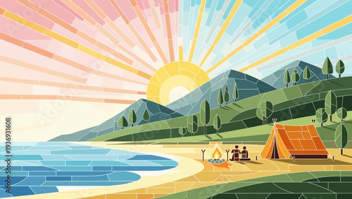 Geometric Landscape with Camping Scene at Sunrise