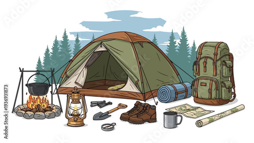 Camping Gear and Tent Illustration: Adventure Equipment in Forest Background