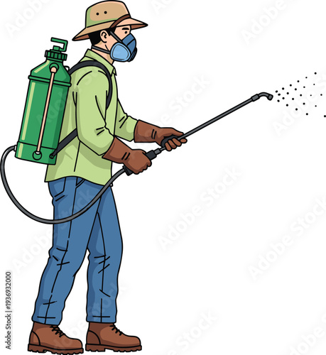 Agricultural worker spraying pesticides with protective clothing mask gloves boots safe farming chemical application vector illustration for stock content SEO