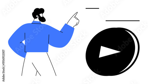 Digital communication, media consumption, online learning, streaming services, user interactions, video tutorials. Man pointing at play button graphic. Media consumption and digital communication