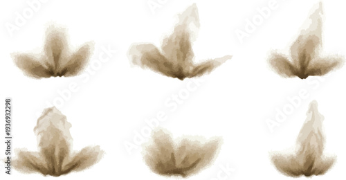 A collection of soft brown dust floating in the air on a white background