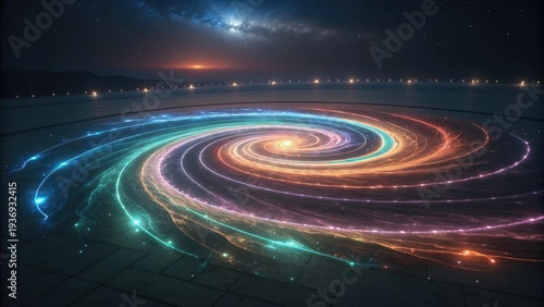 AI-driven decision engine represented by rotating luminous algorithms.