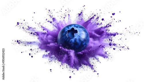 A single, vibrant blueberry surrounded by an explosion of purple, powdery substance on black