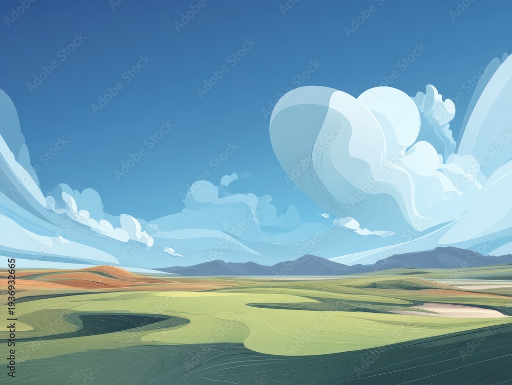 Fototapeta premium Stylized Landscape Painting with Rolling Hills and Dramatic Sky.
