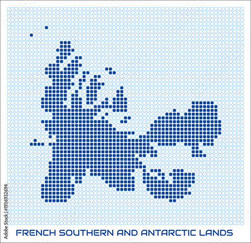 French Southern and Antarctic Lands dot map. Dotted shape of the country. French Southern and Antarctic Lands boundary dots with title. Vector illustration.