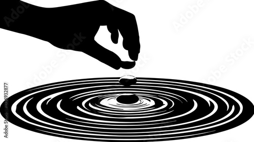 A black and white illustration of a hand dropping something into water, causing ripples