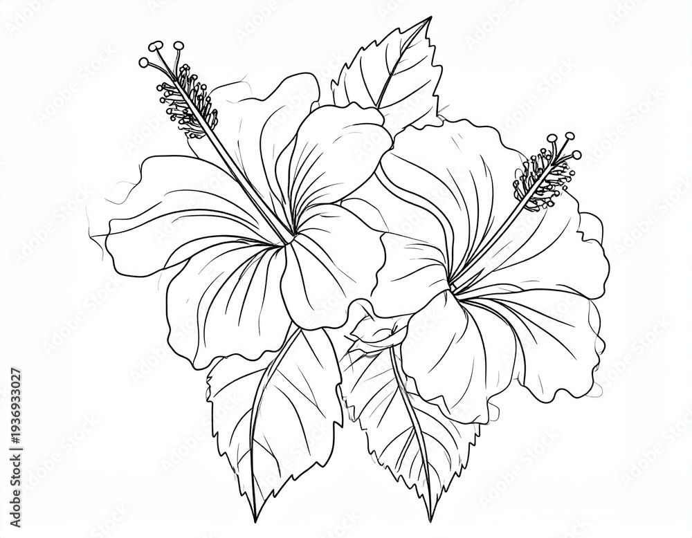 Fototapeta premium Hibiscus Line Art Illustration. Minimalist black and white line art illustration of hibiscus flower with elegant outlines. 