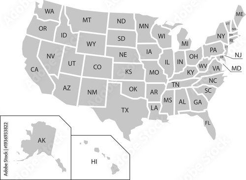 A simplified map of the United States of America with each state clearly labeled with its two-letter abbreviation, including Alaska and Hawaii