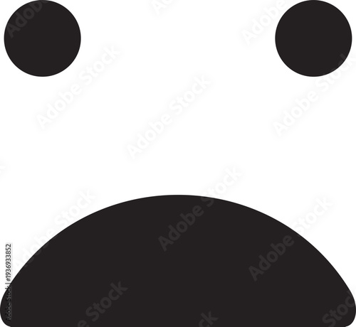 A minimalist black and white graphic representing a sad face with two dots for eyes and a curved line for a mouth, conveying negative emotion
