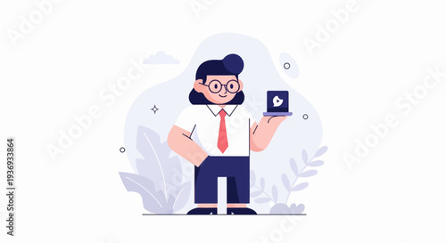 Person in professional attire holding a small, open laptop with a play icon displayed on the screen