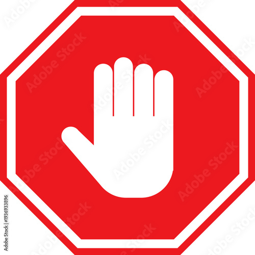 A clear red octagonal stop sign featuring a white open hand symbol indicating halt or prohibition