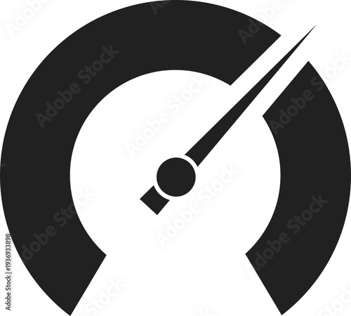 A simple black and white graphic representing a speedometer, indicating speed or performance levels