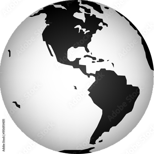 A grayscale depiction of planet Earth, focusing on the continents of North and South America, rendered with a subtle 3D effect