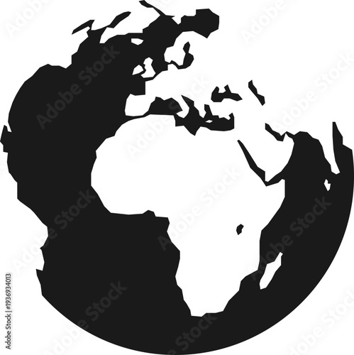 A minimalist black and white silhouette of the Earth, focusing on Africa and Europe, conveying global connection and simplicity