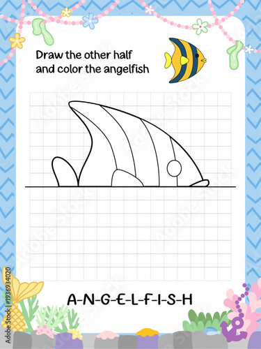 a symmetry drawing page of angel fish line art for preschool activity