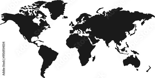 A simple black silhouette of the world map showing all continents and major islands