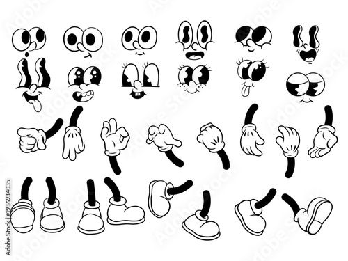 Cartoon Character Face Hands and Feet Elements Set, Vintage Rubber Hose Style Vector