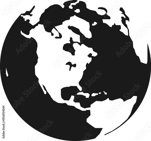 A stylized black and white silhouette of the Earth, focusing on the continent of North America, representing global connection and geography