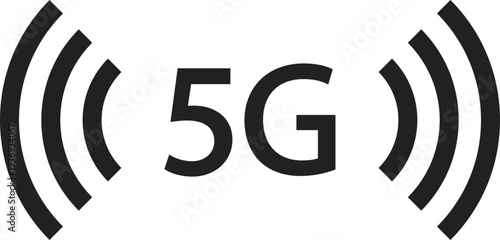 A minimalist black and white icon representing the fifth generation of cellular network technology with radiating signal waves
