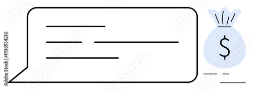 Financial services, payments, money management, communication, transactions, budgeting. A text bubble paired with a subtle money bag icon. Financial services and payment transactions concept
