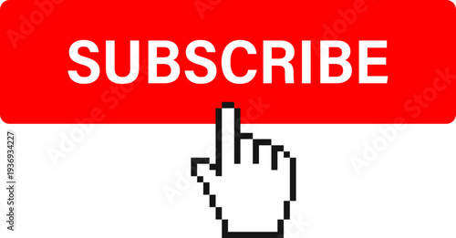 A red button with the word SUBSCRIBE in white letters, and a pixelated cursor hand hovering over it, ready to click
