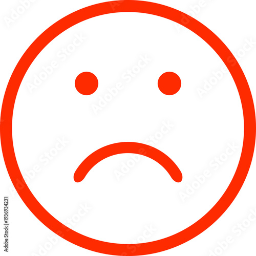 A simple, bold, red sad face emoji icon representing negative emotions and dissatisfaction