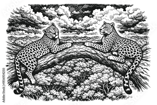 Photography Majestic Leopards Resting on a Tree Branch Vector Illustration, Hand Drawn Vintage Woodcut Style Featuring Spotted Wild Cats in an Engraved Jungle Scene