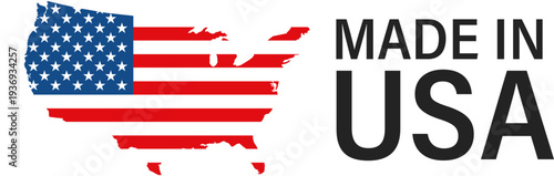 A graphic representation of the United States map filled with the American flag and the text Made in USA