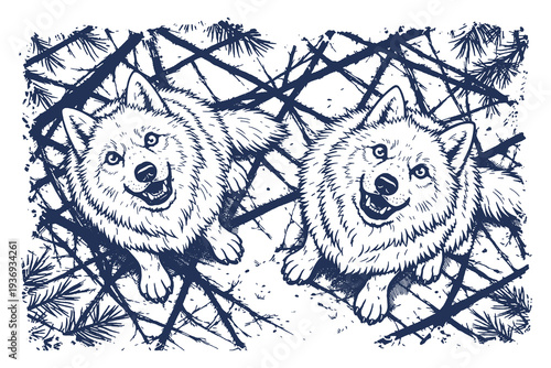 Vintage Woodcut Illustration of Two Siberian Husky Dogs Looking Up, Hand Drawn Engraving Style Vector Art Featuring Arctic Dogs in Black and White Design.