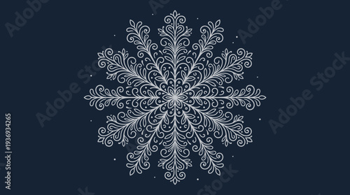 Quadro su tela Intricate White Snowflake Pattern Mandala Design on Dark Blue Background