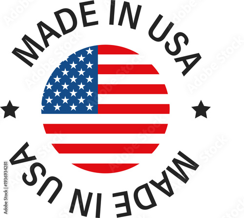 A circular emblem featuring the American flag and the text 'Made in USA' in a bold font, signifying national origin and quality