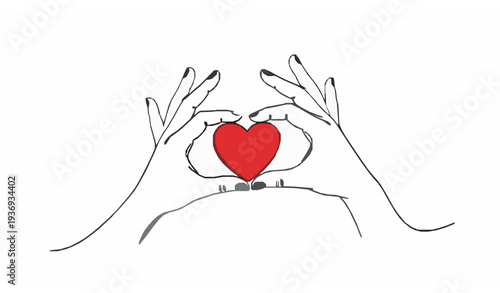 Continuous line drawing of hands holding red heart symbolizing love care kindness compassion and human support