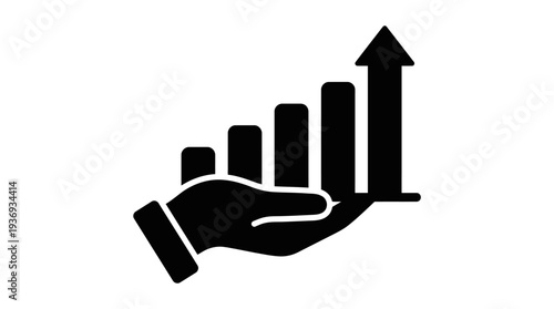 Hand displaying a bar chart with an upward arrow on isolated white background, a visual concept of business success and financial growth.