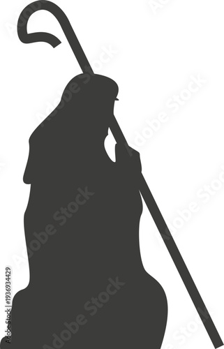 A dark silhouette of a shepherd kneeling with a crook staff, representing pastoral life and ancient traditions