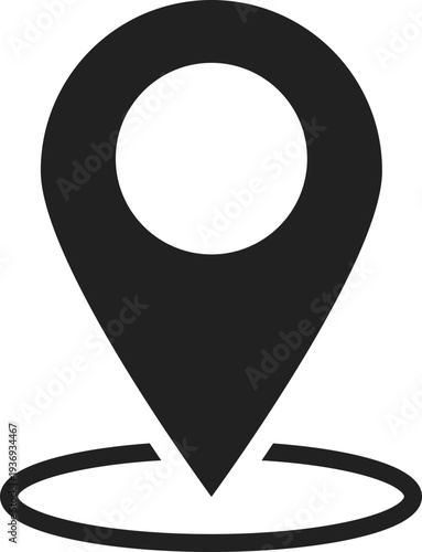 A simple black and white graphic of a map marker indicating a specific location on a map