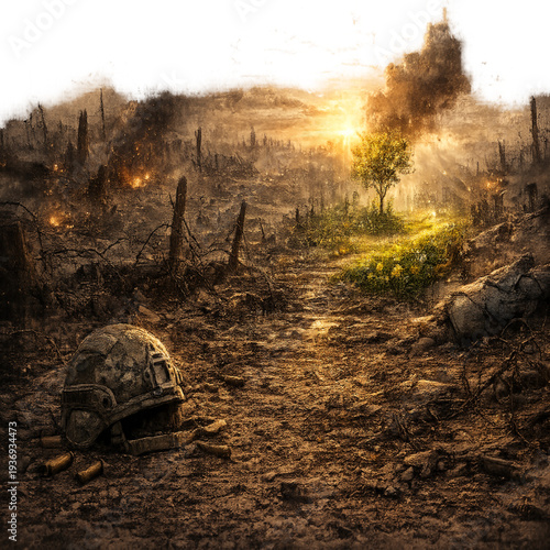 hope amid the ruins, uplifting scene in destroyed city, resilient figure in post-apocalyptic landscape, light breaking through ruins illustration, recovery and renewal concept art, rebuilding after de