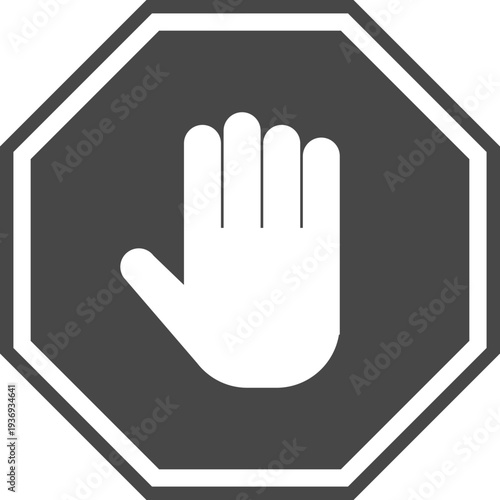 A white open palm hand symbol is displayed within a dark gray octagonal stop sign shape, representing a prohibition or halt command