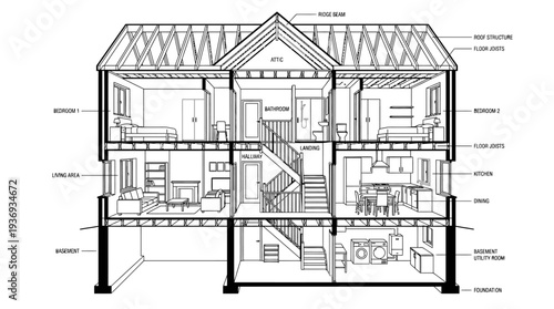 Complex Multi-Story House Cross Section with Detailed Interior, Attic, Basement, and Roof Structure, isolated white background.
