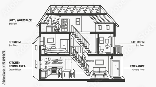 Detailed Cross Section of a Two-Story House with Labeled Rooms and Floor Plans, isolated white background.