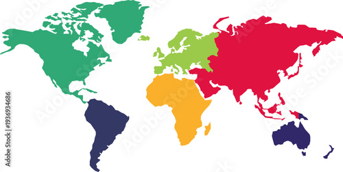 A stylized world map displays continents in distinct colors, highlighting geographical divisions across the globe