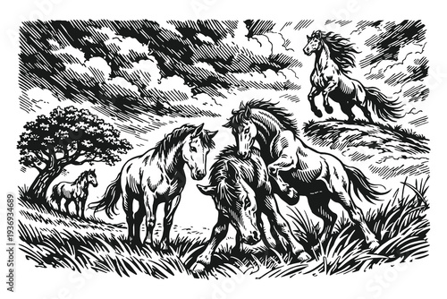 Dynamic Vector Illustration of Wild Horses Galloping in a Field, Hand Drawn Vintage Woodcut Engraving Style Featuring Stallions and Foals in a Landscape.
