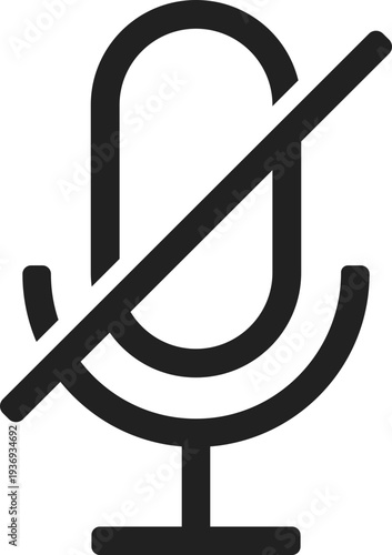A simple, bold icon representing a microphone with a diagonal line through it, indicating that sound is muted or off