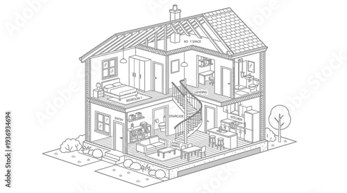 Isometric Cutaway View of a Modern House with Interior Rooms and Furniture Details, isolated white background.