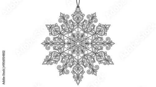 Intricate Mandala Snowflake Design Element, isolated white background.