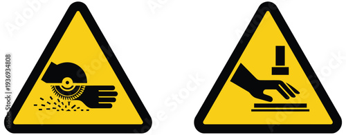 Industrial safety warning signs for hand injury and cutting machine hazard, factory machinery danger pictograms with hand injury risk alerts,