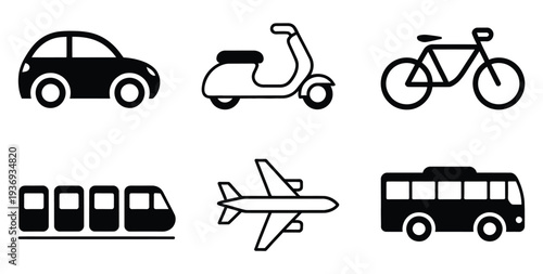 Transportation icons set illustrating travel adventure with car, scooter, bicycle, train, and airplane, ideal for infographic design